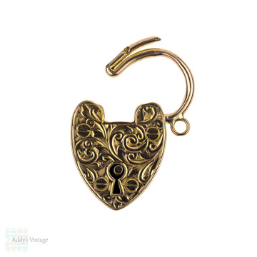 RESERVED. Engraved 9k Antique Heart Padlock Pendant, Large 9ct Gold Clasp Charm, Circa 1910s.