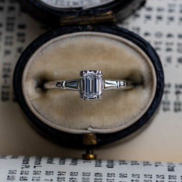 Emerald Cut Diamond Engagement Ring, Vintage 14k White Gold Single Stone in Fluted Setting.
