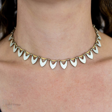 Danish Mid Century White Enamel Necklace, Sterling Silver Gilt Choker Circa 1950s.