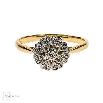 Art Deco Floral Diamond Cluster Engagement Ring with Heart Petals, 18ct Gold & Plat.