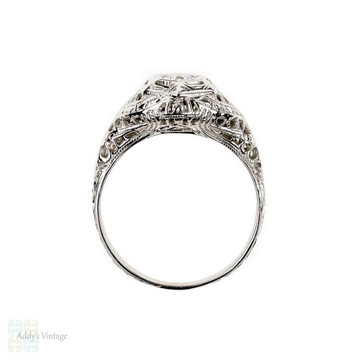 Art Deco Filigree Diamond Engagement Ring, Old European Cut Diamond, Engraved 18k White Gold.