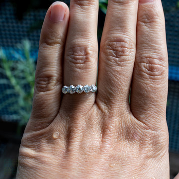 Old Mine Cut Diamond 5 Stone Enagagement Ring, Victorian 1 ctw Platinum Diamond Band.