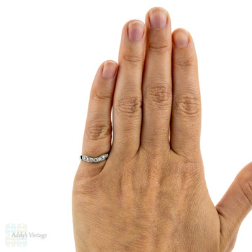 Curved Platinum Diamond Wedding Ring, Seven Stone Wishbone Shaped Bead Set Band. Size J / 4.8.
