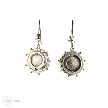 Antique Sterling Silver Earrings with 9k Rose & Yellow Gold Flowers, Victorian Drop Earrings.