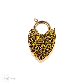 Engraved 9k Antique Heart Padlock Pendant, Large 9ct Rose Gold Clasp Charm, Circa 1900s.