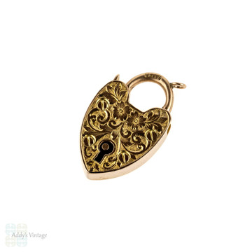 Engraved 9k Antique Heart Padlock Pendant, Large 9ct Rose Gold Clasp Charm, Circa 1900s.