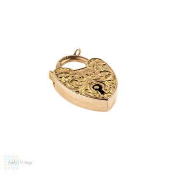 Engraved 9k Antique Heart Padlock Pendant, Large 9ct Rose Gold Clasp Charm, Circa 1900s.