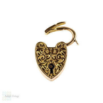 Engraved 9k Antique Heart Padlock Pendant, Large 9ct Rose Gold Clasp Charm, Circa 1900s.