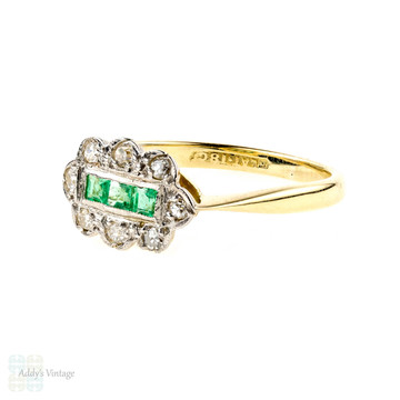 Emerald & Diamond Engagement Ring, Antique 1910s Cluster Ring in 18ct & Platinum.