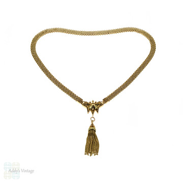 Victorian 14k Gold Tassel Necklace, Antique Mesh Link Chain, Black Enamel Detail.