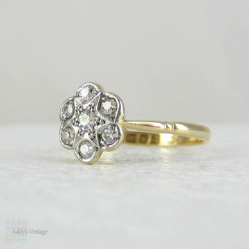 Art Deco Diamond Daisy Engagement Ring. Diamond Cluster Ring in Yellow Gold, Circa 1920s.
