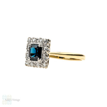 RESERVED Vintage Sapphire & Diamond Engagement Ring, Rectangle Diamond Halo. Circa 1940s, 18ct Gold & Platinum.