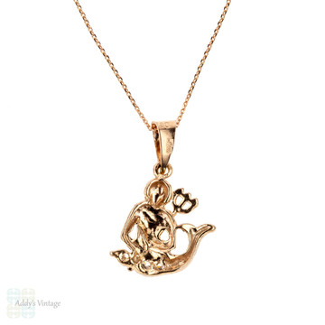 Russian Vintage Poseidon Pendant, God of the Sea 14k Rose & White Gold Charm on 9k Chain.