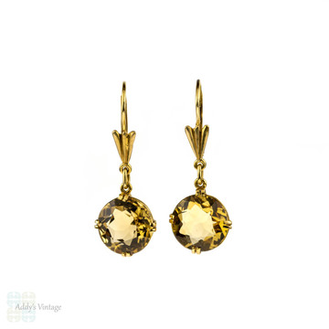 Vintage Citrine Drop Earrings, Mid Century 18ct 18k Yellow Gold Dangle Earrings.