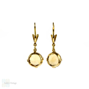 Vintage Citrine Drop Earrings, Mid Century 18ct 18k Yellow Gold Dangle Earrings.