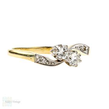 Toi et Moi Diamond Engagement Ring, Stylish Bypass Design Ring. 1930s, 18ct Gold & Platinum.