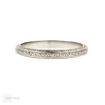 Antique Engraved Platinum Wedding Ring, Leaf Foliate Design Ladies Band. Size L.5 / 6.15.