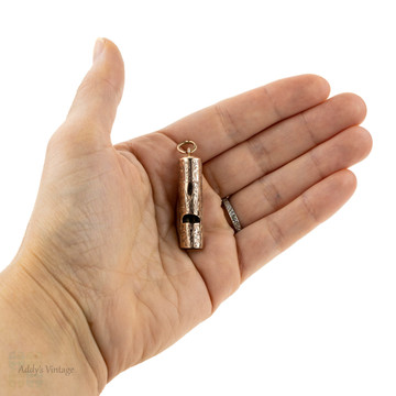 Edwardian 9ct Working Whistle Pendant, Antique 9k Rose Gold Engraved Large Whistle Charm, 1900s.