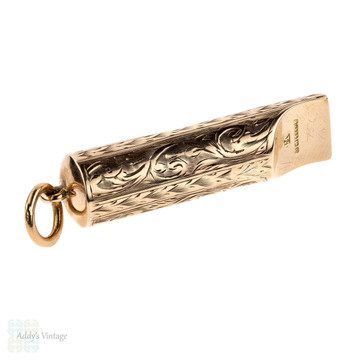 Edwardian 9ct Working Whistle Pendant, Antique 9k Rose Gold Engraved Large Whistle Charm, 1900s.