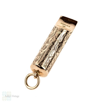 Edwardian 9ct Working Whistle Pendant, Antique 9k Rose Gold Engraved Large Whistle Charm, 1900s.