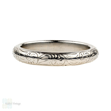 Engraved Platinum Wedding Ring, Vintage Heavy Ladies D Shape Band. Size K.75 / 5.75.