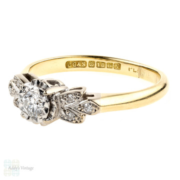 Floral Diamond Engagement Ring, Vintage Single Stone 1960s Ring. 18ct Gold.