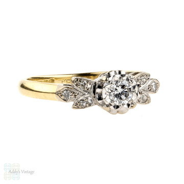 Floral Diamond Engagement Ring, Vintage Single Stone 1960s Ring. 18ct Gold.