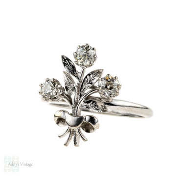 RESERVED. Old Mine Cut Diamond Floral Spray Cocktail Ring. 18ct White Gold & Platinum Dress Ring.