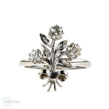 RESERVED. Old Mine Cut Diamond Floral Spray Cocktail Ring. 18ct White Gold & Platinum Dress Ring.