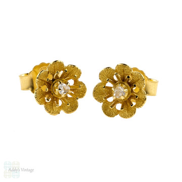 Antique Rose Cut Diamond Flower Earrings, 14k Yellow Gold Pierced Studs.