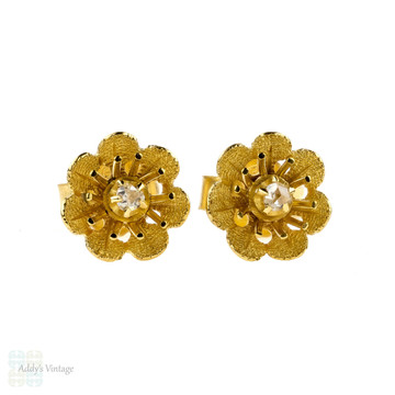 Antique Rose Cut Diamond Flower Earrings, 14k Yellow Gold Pierced Studs.