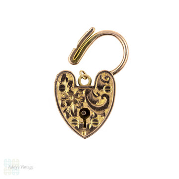 Engraved 9k Antique Heart Padlock Pendant, 9ct Rose Gold Clasp Charm, Circa 1910s.
