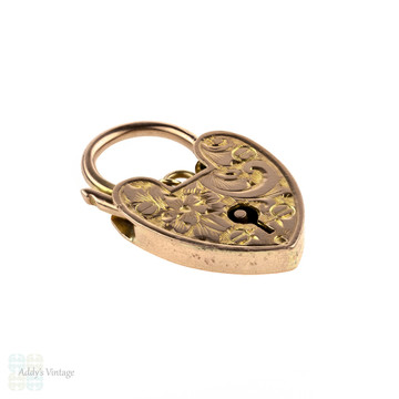 Engraved 9k Antique Heart Padlock Pendant, 9ct Rose Gold Clasp Charm, Circa 1910s.