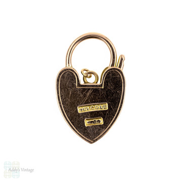 Engraved 9k Antique Heart Padlock Pendant, 9ct Rose Gold Clasp Charm, Circa 1910s.
