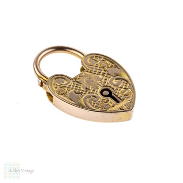Engraved 9ct Antique Heart Padlock Pendant, Large 9k Rose Gold Clasp Charm, Circa 1900s.