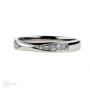 Shaped Platinum Diamond Wedding Ring, Curved Pinched Design Half Eternity Band. Size K / 5.25.