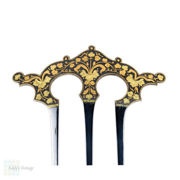 Antique Floral Hair Comb, Gilt Floral Design Steel Hair Pin. Circa 1880s.