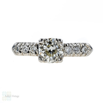 Old European Cut Diamond Vintage Engagement Ring, 1930s Triple Claw Mount 0.96 ctw.