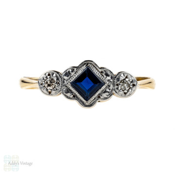 Art Deco Sapphire & Diamond Engagement Ring, 9ct Yellow Gold & Platinum.