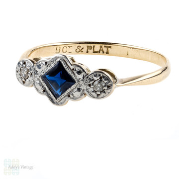 Art Deco Sapphire & Diamond Engagement Ring, 9ct Yellow Gold & Platinum.