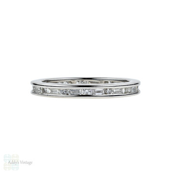Baguette & Round Diamond Eternity Ring, Platinum Channel Set Wedding Band. Size M.5 / 6.5.