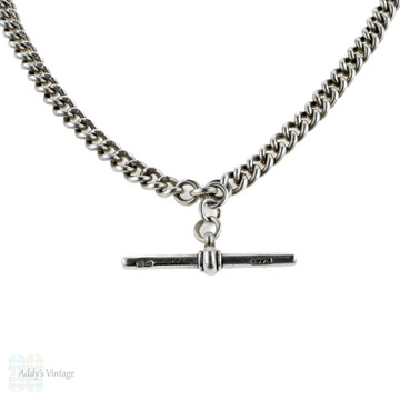 Edwardian Antique Sterling Silver Albert Chain with Dog Clips & T-Bar. Circa 1900.