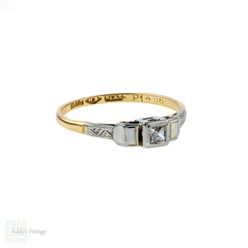 French Cut Diamond Engagement Ring, Art Deco Engraved Ring. 18ct Gold & Platinum.