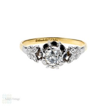 Old European Cut Diamond Engagement Ring, Leaf Design with 0.34 Carat. 18ct Gold & Palladium.