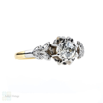 Old European Cut Diamond Engagement Ring, Leaf Design with 0.34 Carat. 18ct Gold & Palladium.