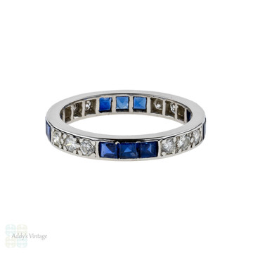 Sapphire & Diamond Eternity Ring, Art Deco Full Hoop Platinum Wedding Band. Size K / 5.25.