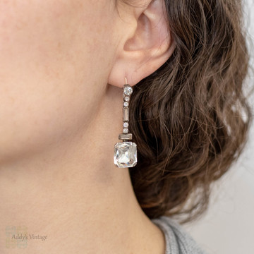 RESERVED. French Art Deco Asscher Diamond Paste Drop Earrings, Sterling Silver & 9ct Gold.