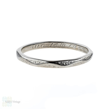 1950s Engraved Platinum Wedding Ring, Faceted Mid Century Ladies Band. Size Q.5 / 8.5.