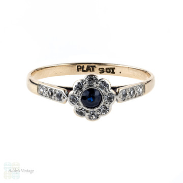 RESERVED. Art Deco Sapphire & Diamond Daisy Engagement Ring. 9ct & Platinum. 