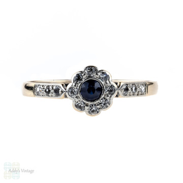 RESERVED. Art Deco Sapphire & Diamond Daisy Engagement Ring. 9ct & Platinum. 